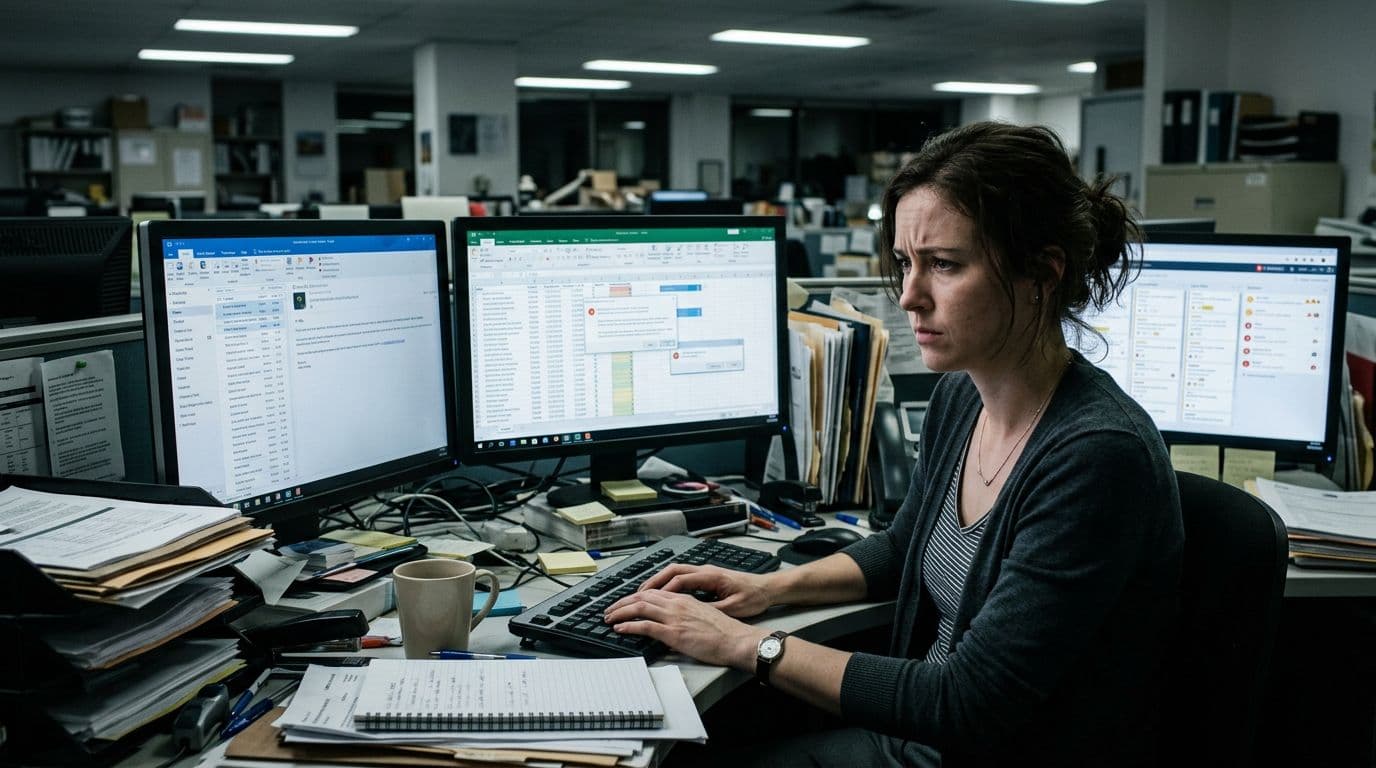 A realistic photograph depicts a single stressed office employee seated at a cluttered desk with multiple screens showing notifications, featuring tight shoulders, furrowed brow, and hands loosely on the keyboard under dim fluorescent lighting.