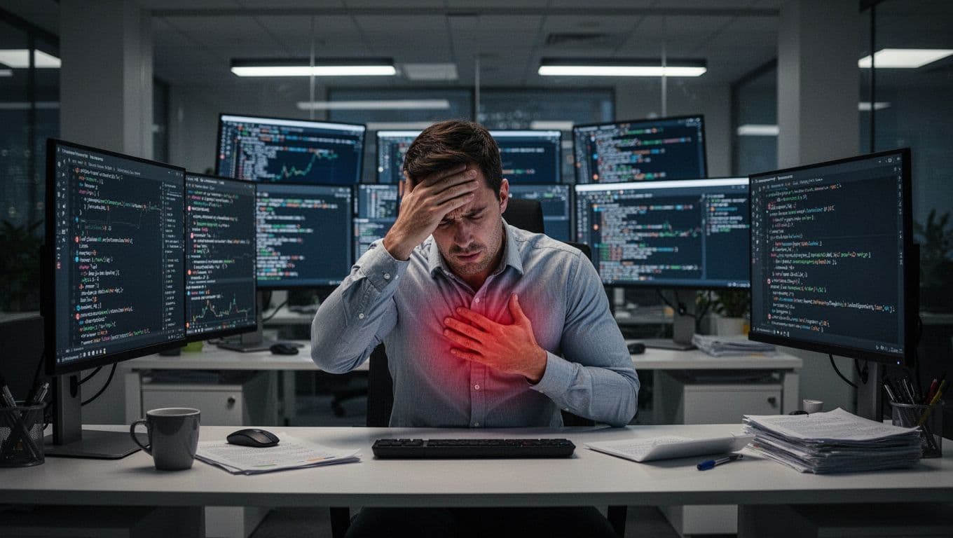 A stressed office worker sits at a desk in a modern office, feeling tight chest anxiety, surrounded by multiple screens and notifications, with one hand on forehead in dim lighting.