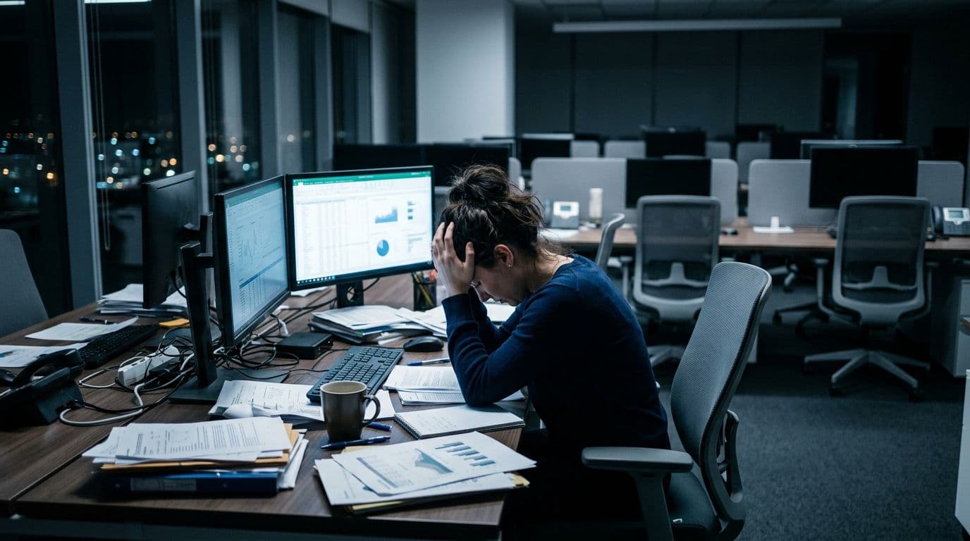 A stressed office worker sits at a desk in a modern office, head in hands, surrounded by scattered papers and computer screens under dim lighting with cool tones.
