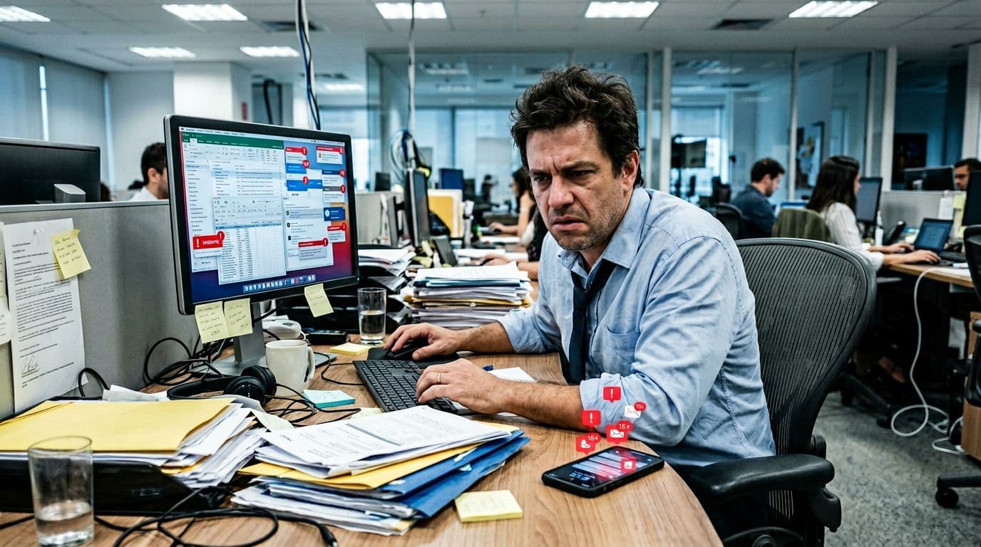 Um funcionário tenso em uma mesa de escritório bagunçada, sobrecarregado por notificações no computador e no celular, em um ambiente corporativo moderno.