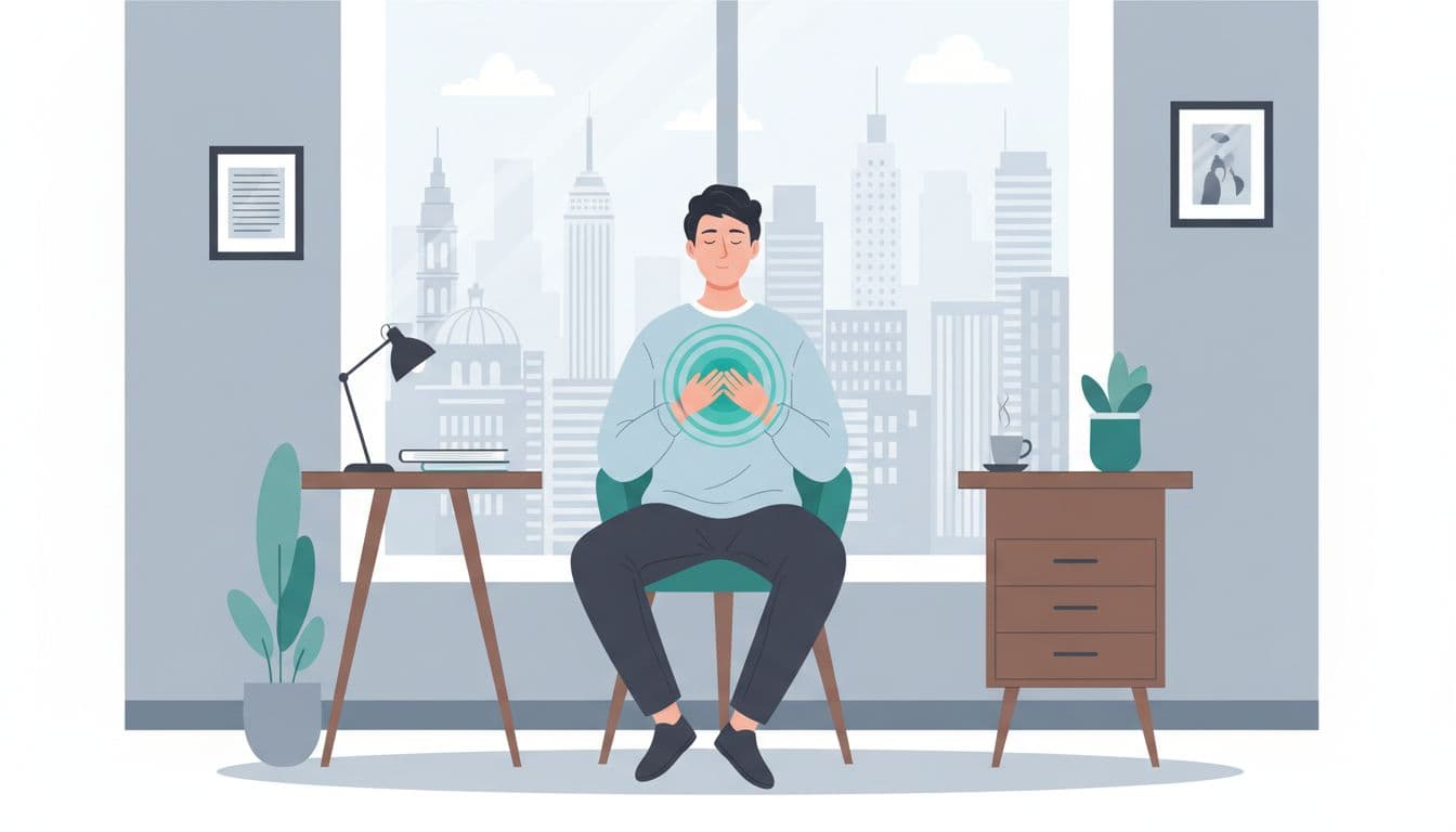 Stressed office worker at desk takes breathing pause with closed eyes, Mexico City skyline visible through window.