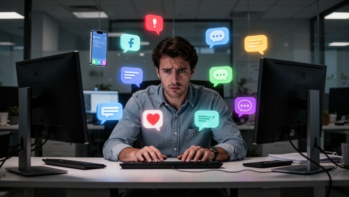 A stressed office worker sits at a desk surrounded by floating glowing notification icons from phone, computer, and chat apps in dim lighting, realistic style.