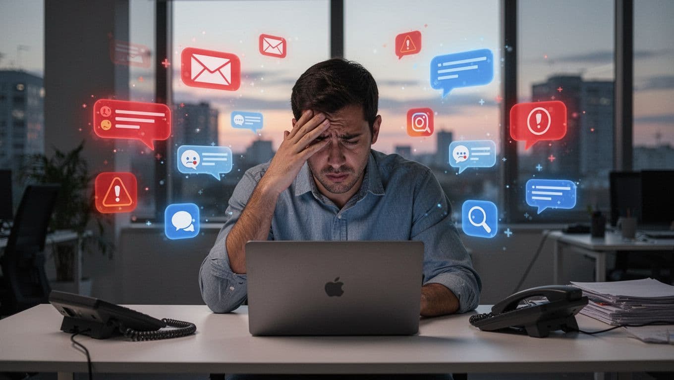 A lone person in an office environment displays stress with hand on forehead, surrounded by ethereal floating notification icons such as emails, chats, and app alerts in red and blue tones, featuring a desk with laptop and phone under dim afternoon lighting, in a realistic style with illustrative elements.