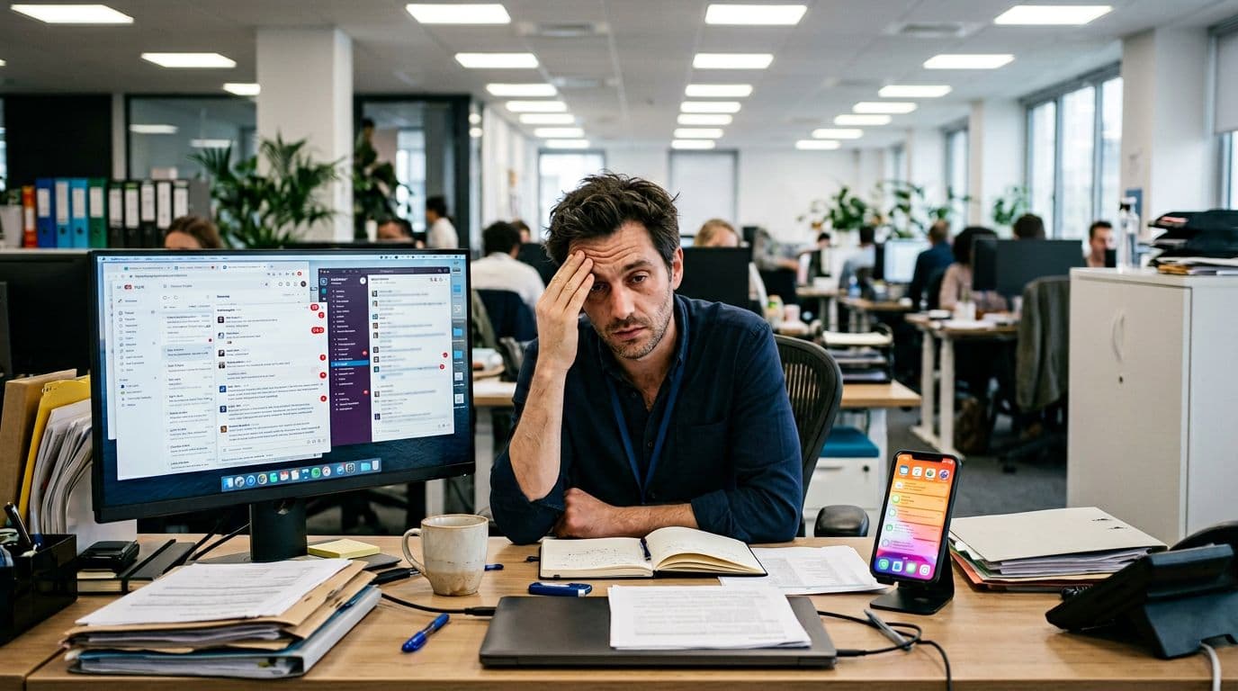 A stressed office employee sits at a modern desk, surrounded by multiple notifications on computer and phone, with a tense expression under soft fluorescent lighting. Realistic centered photograph of exactly one person, no text, logos, or watermarks.