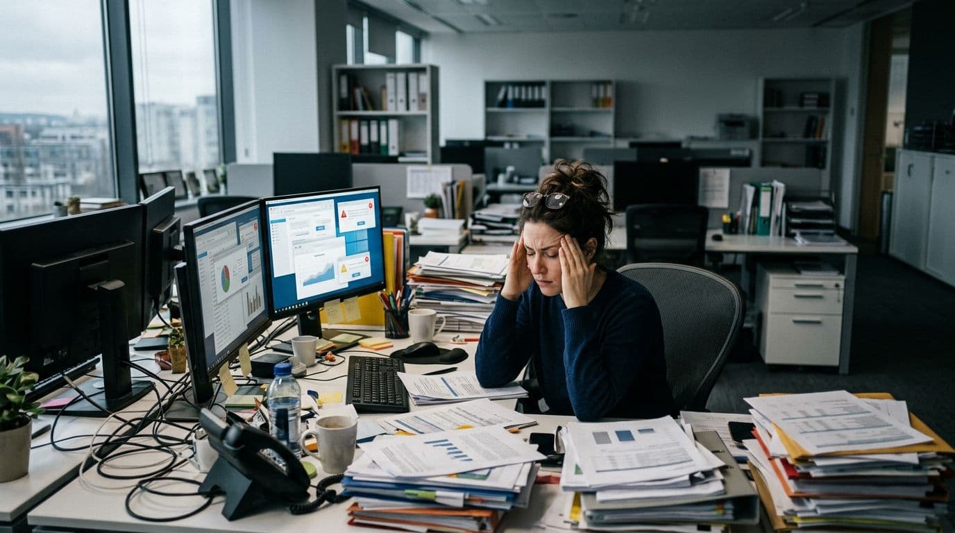 A realistic photographic image of a modern office where a single stressed employee in the foreground rubs their temples, surrounded by piles of papers and multiple screens filled with notifications, under dim natural lighting.