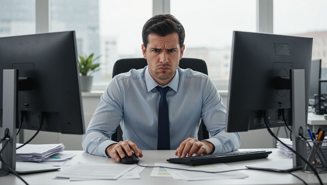 A stressed office employee sits at a modern desk with tense raised shoulders, slight frown, clenched jaw, and hands on the mouse in a realistic photography style under natural window light.