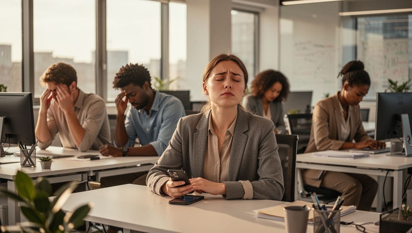 Diverse office workers at modern desks display stress through slumped shoulders and rubbing temples, while one employee pauses for a deep breath with closed eyes and relaxed hands on a phone in an open-plan office bathed in soft natural window light.