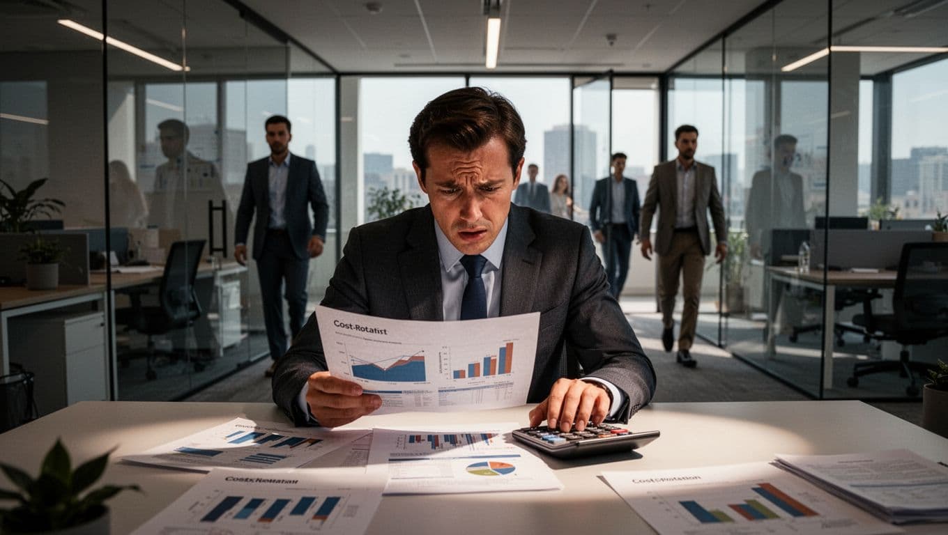 A stressed professional in an office reviews graphs of employee turnover costs with a calculator and documents, while team members leave in the background under dramatic contrasted lighting in a realistic illustration style.