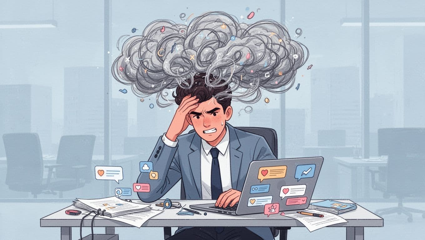 Modern illustration of a young professional at a desk in a modern office, hand on forehead with chaotic swirling thought clouds above representing mental fog from stress and anxiety, cluttered laptop with notifications.