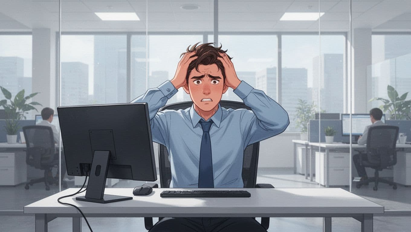 Illustration of a young professional seated at a modern desk in a bright office, gazing tensely at a computer screen with a stiff neck and hands lightly on head, capturing physical and emotional signs of workplace stress.