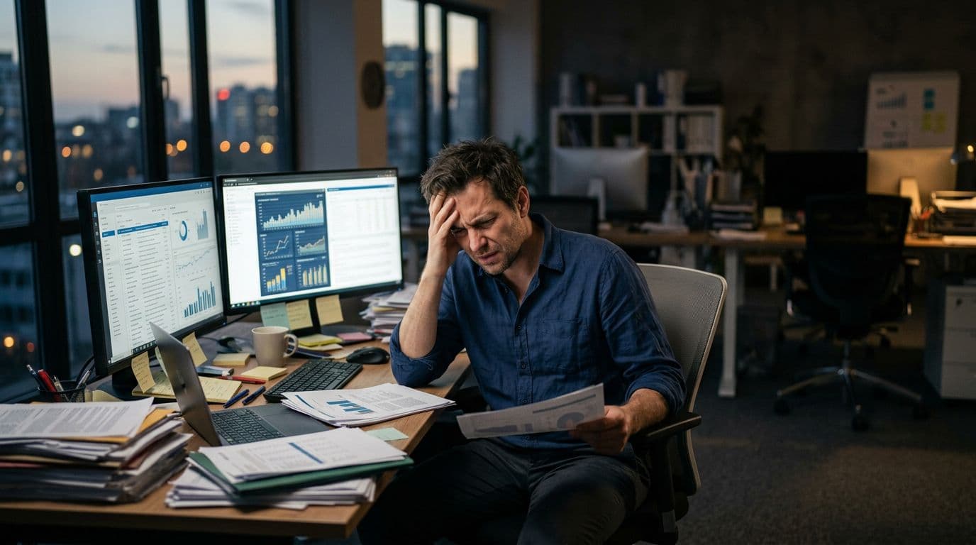 A frustrated professional sits at his desk in a modern office, surrounded by towering piles of papers and multiple screens displaying emails and charts, under dim afternoon lighting.