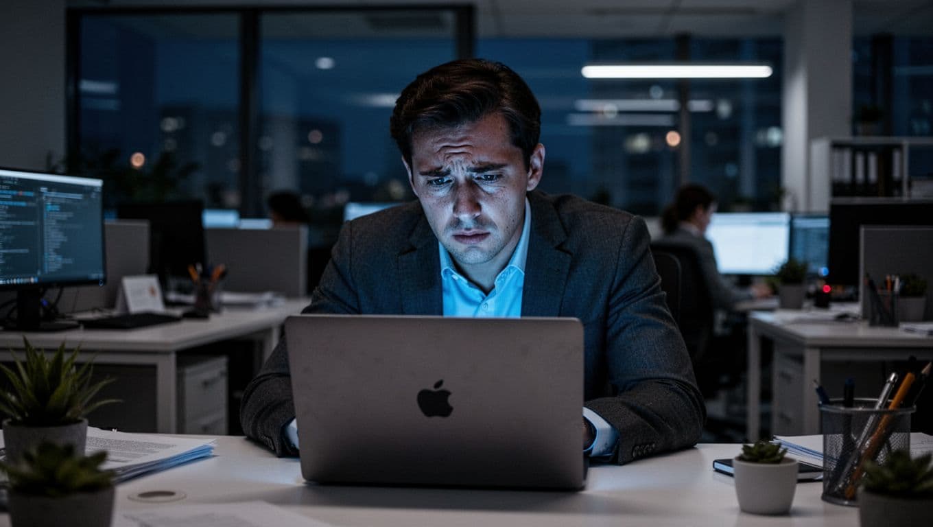 A busy professional in a modern office at night stares at a laptop screen with tired eyes, illuminated by blue light, conveying stress and fatigue in a dim setting.