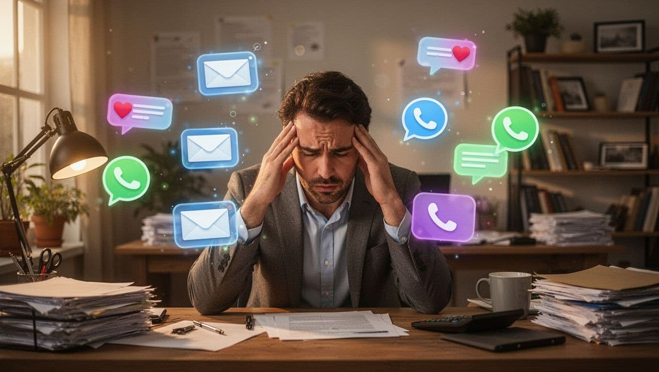 An overworked professional sits at a cluttered desk in a home office, surrounded by floating glowing notification icons from email, chat, and phone apps, rubbing their temple in stress under late afternoon light.