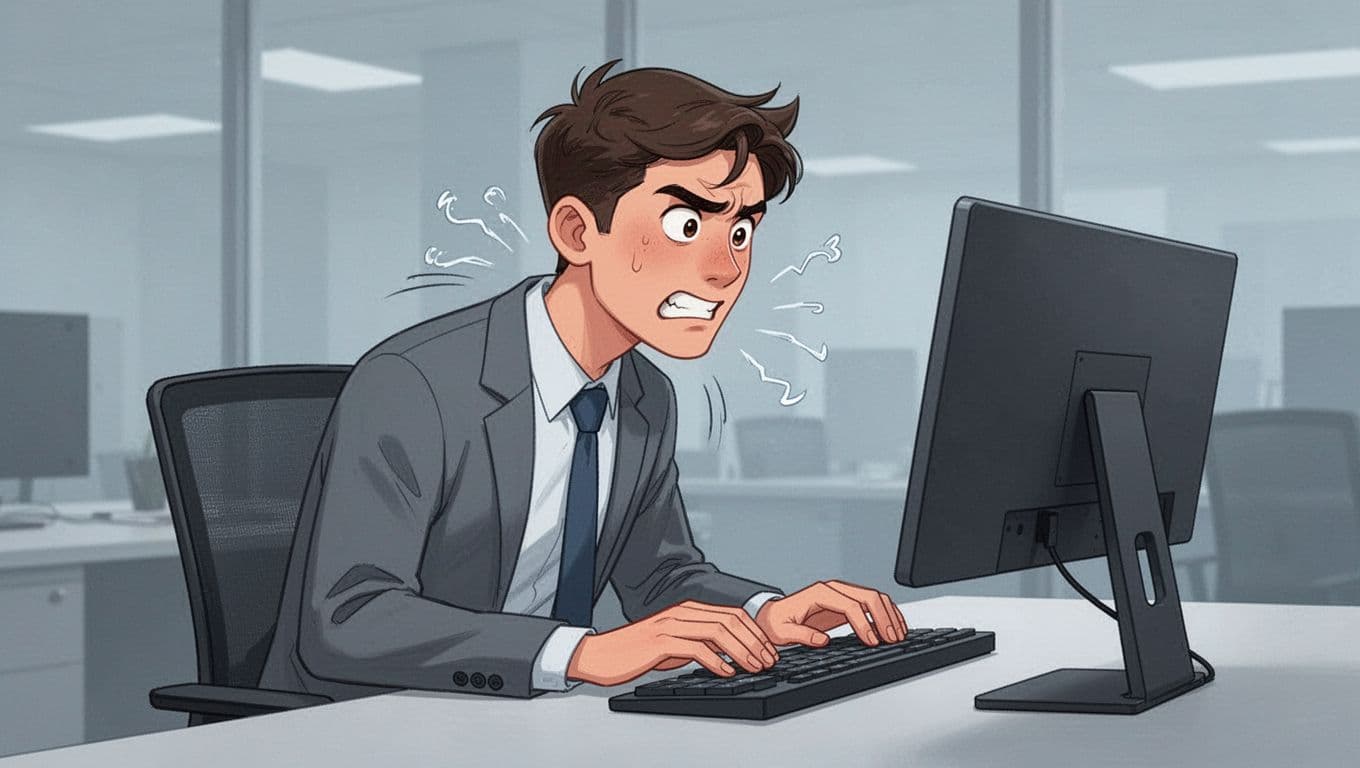 Modern illustration of a single young professional at a desk in an office, displaying physical stress signs like tense shoulders, clenched jaw, rapid breathing, and wide eyes focused on the screen.