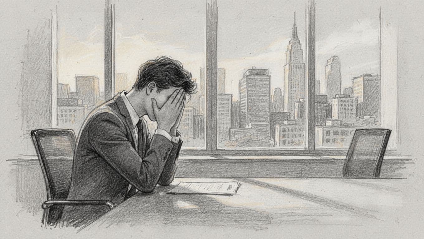 Hand-drawn sketch of a stressed young professional at a desk in a modern office with city skyline view, head in hands, worry thought clouds with swirling arrows, clock, and email icons, tense slumped posture, profile view, graphite linework on light gray background.
