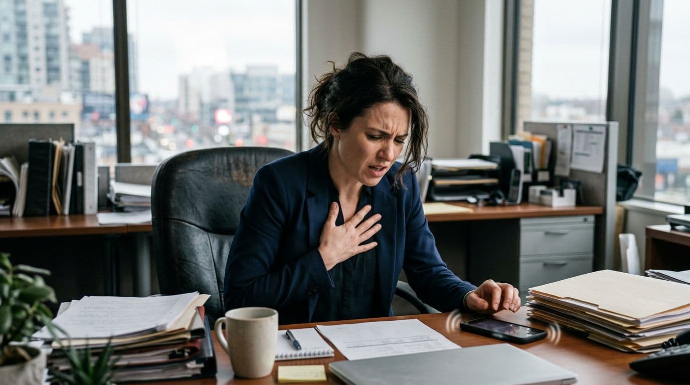 A busy professional sits at an office desk with a tense chest and stressed expression, a phone buzzing nearby under soft natural light from a window, in realistic style with exactly one person.