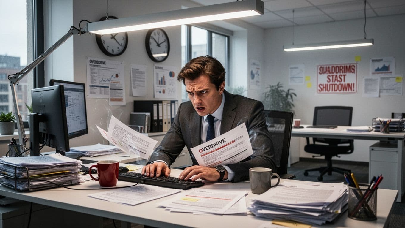 A realistic office scene showing a stressed professional in overdrive mode: one person at a desk with urgent papers, tense posture, focused eyes, coffee mug nearby, clock showing late hour, bright overhead lights, cluttered but organized workspace, high energy atmosphere. In the background, a subtle contrast with another empty desk symbolizing shutdown.