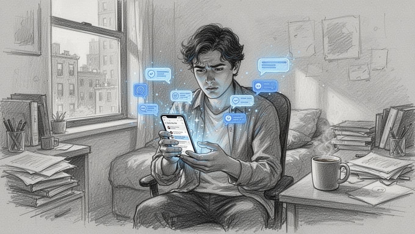 Stressed young professional in urban apartment holding smartphone with multiple notification icons popping up and endless social media scroll on screen, at cluttered desk with coffee mug. Hand-drawn sketch style with graphite linework, light shading on clean light gray paper background.