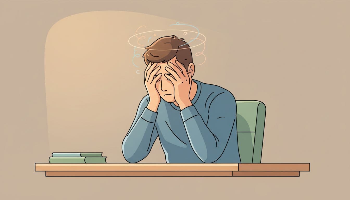 Modern illustration of a young professional at a desk with tense shoulders, hands on forehead, and subtle swirling thought lines indicating mental exhaustion from stress and anxiety.
