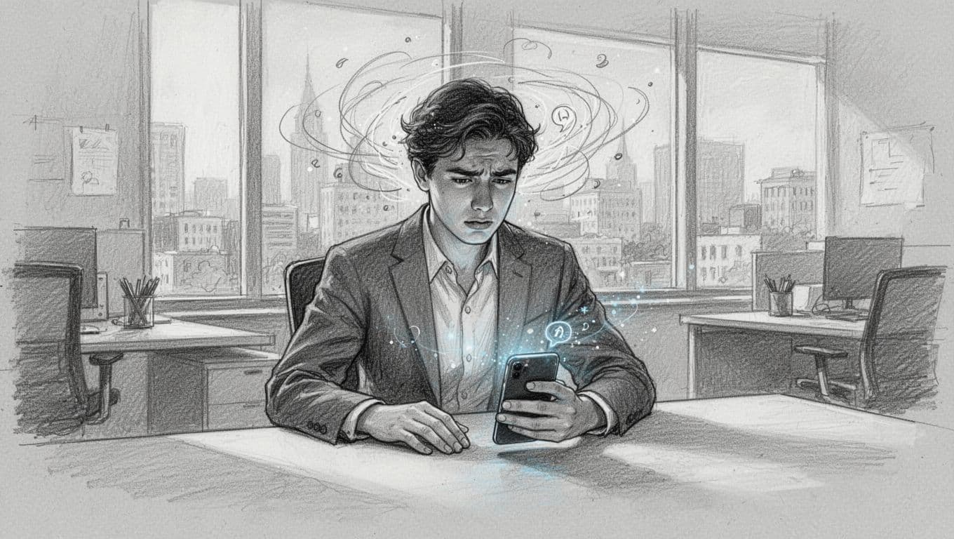 Hand-drawn graphite sketch of a young professional at a desk in a busy urban office, swirling lines around head depicting racing thoughts, buzzing phone notifications, stressed face, light gray paper background.