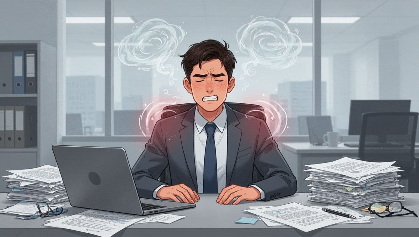 Young professional in modern office showing stress signs like tight shoulders, clenched jaw, shallow chest breathing, and racing thought clouds above head, surrounded by cluttered desk.