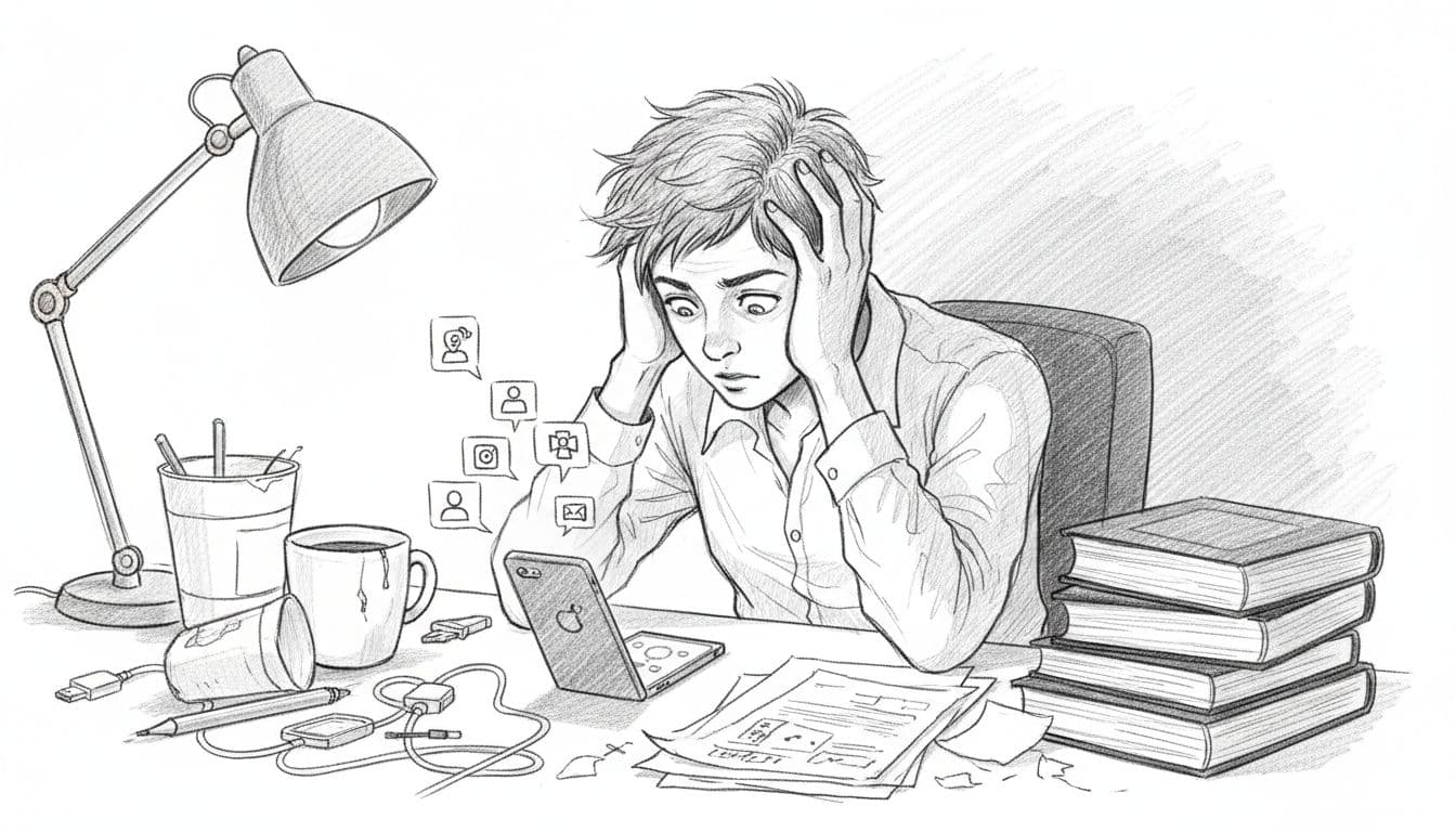 Hand-drawn graphite sketch of a young professional at a cluttered desk late at night, stressed expression while staring at smartphone screen with multiple notifications, holding head, coffee mug nearby on clean white background.
