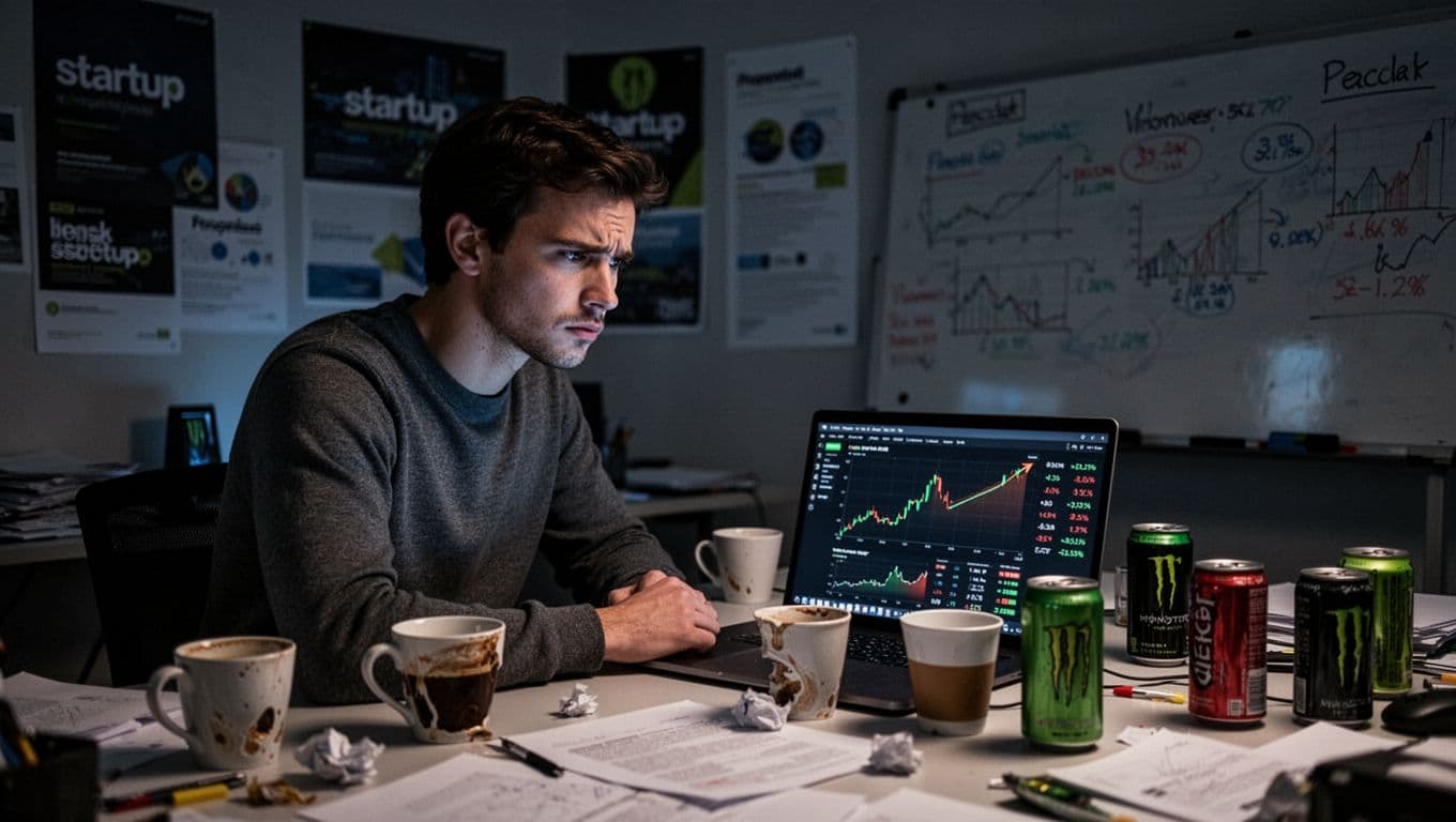 A young 30-year-old male startup founder sits at a messy desk in a small office late at night, intensely staring at a laptop screen showing declining financial runway graphs, surrounded by empty coffee cups and energy drink cans, with dim lighting casting shadows on his tired, worried face.