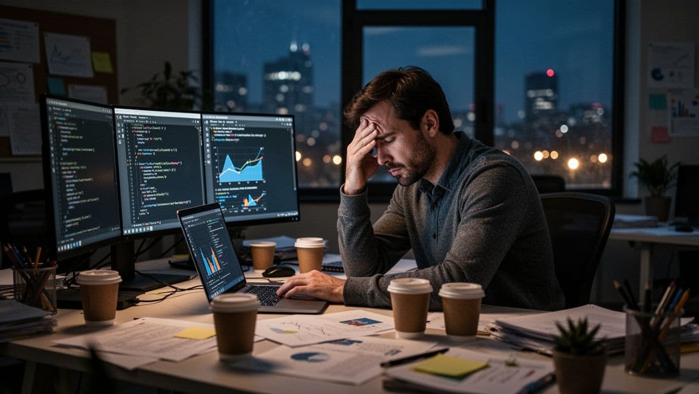 A photorealistic scene of a stressed startup founder alone at a cluttered desk in a dimly lit office late at night, laptop glowing with charts and code, scattered coffee cups, tired expression rubbing forehead, city lights in background, moody exhaustion atmosphere.