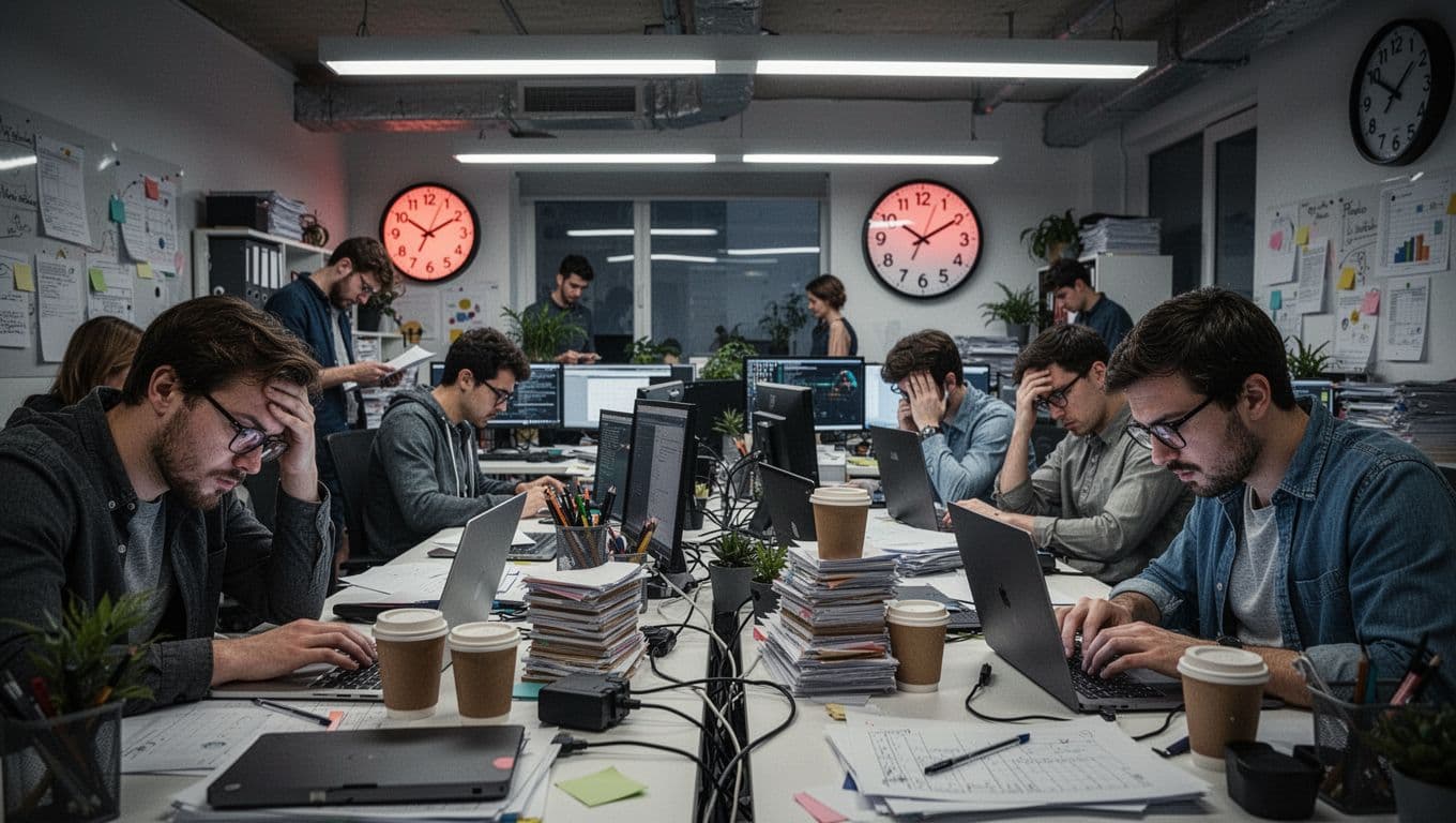 A stressed startup team works late in a cramped modern office, with tired expressions on faces while staring at laptops amid coffee stacks and clocks showing late hours, capturing controlled chaos under harsh fluorescent lighting in a realistic photographic style.