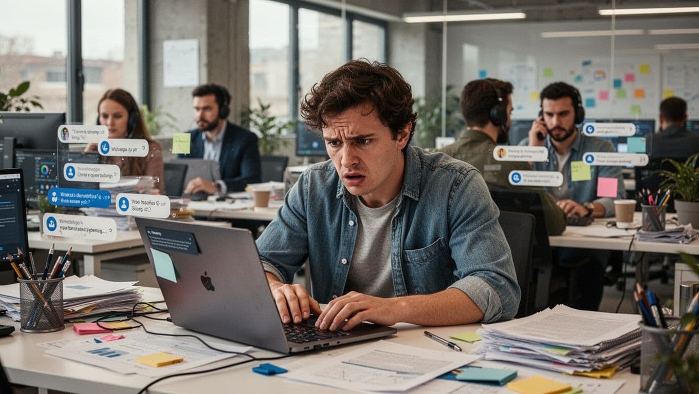 A stressed employee at a cluttered laptop desk with piling notifications in a modern open-plan startup office, surrounded by a busy team on calls, under natural daylight with soft lighting.