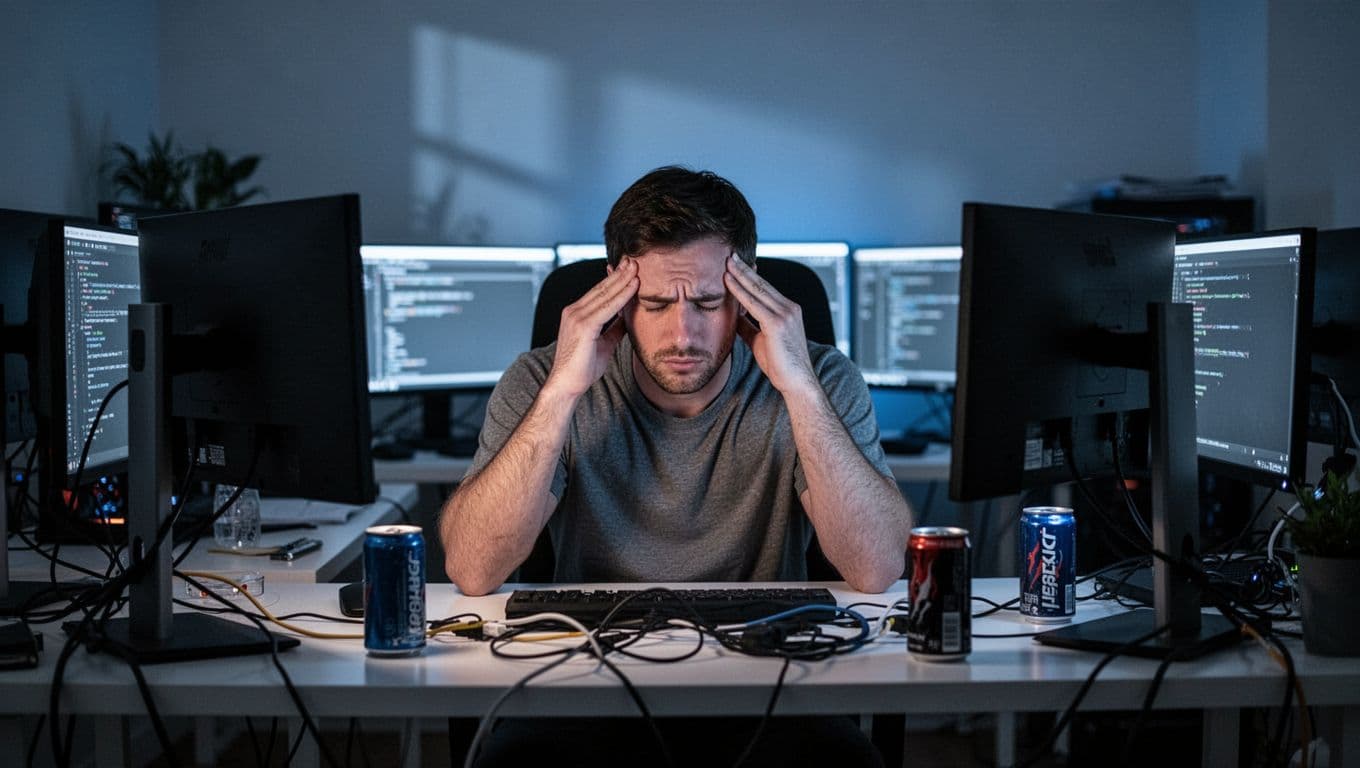 A stressed tech worker late at night in a dimly lit home office, surrounded by multiple computer screens and cables, rubbing temples with tired eyes, empty energy drink cans nearby, in realistic style with blue-toned lighting.