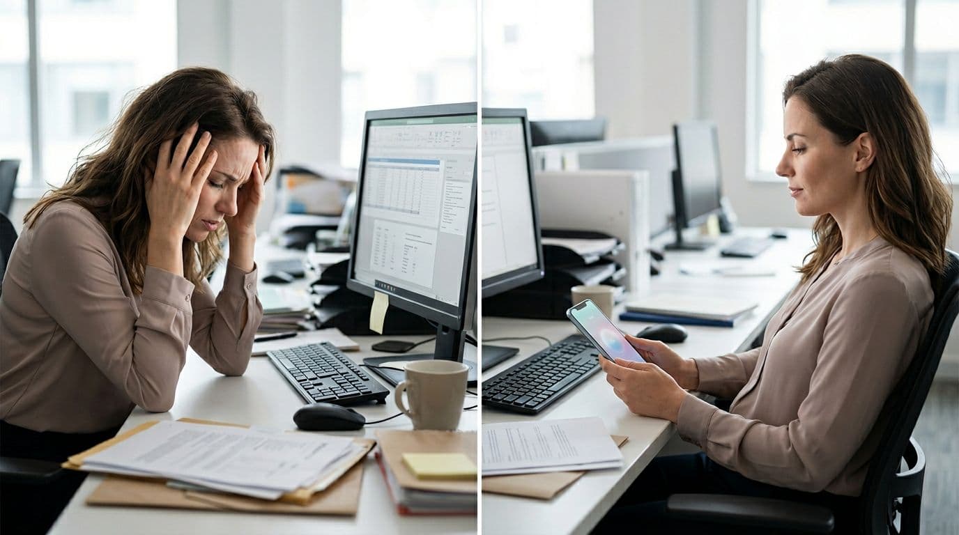 Split-panel realistic photo of a single office worker stressed at desk before, then relaxed holding phone with breathing app after, in natural office lighting.