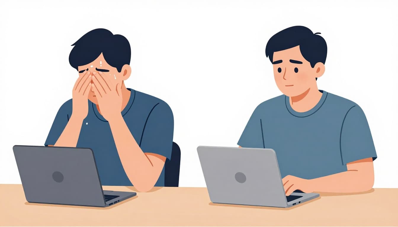 Split-image illustration showing a stressed office worker on the left with tense posture, rapid breathing, and sweat, contrasted by the same worker on the right appearing calm with slow breathing and relaxed shoulders in a modern office.