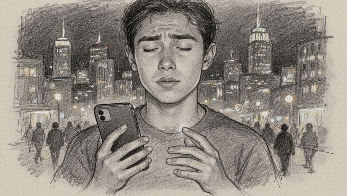 Young person in a big city stressed by work holds a blocked phone, practicing breathwork pause to unlock it, expression shifting to calm amid blurred nighttime skyline. Close-up graphite hand-drawn sketch with soft shading on light paper background.