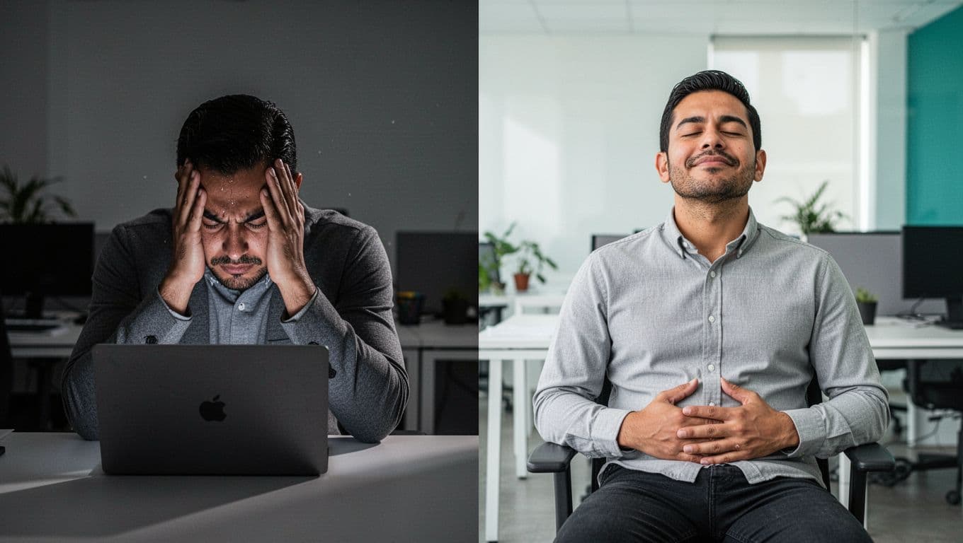 Modern side-by-side panel illustration of a Latino male office worker shifting from stressed posture over a computer with tense expression and sweat on the left, to relaxed upright breathing with subtle smile on the right, in a clean CDMX shared office.