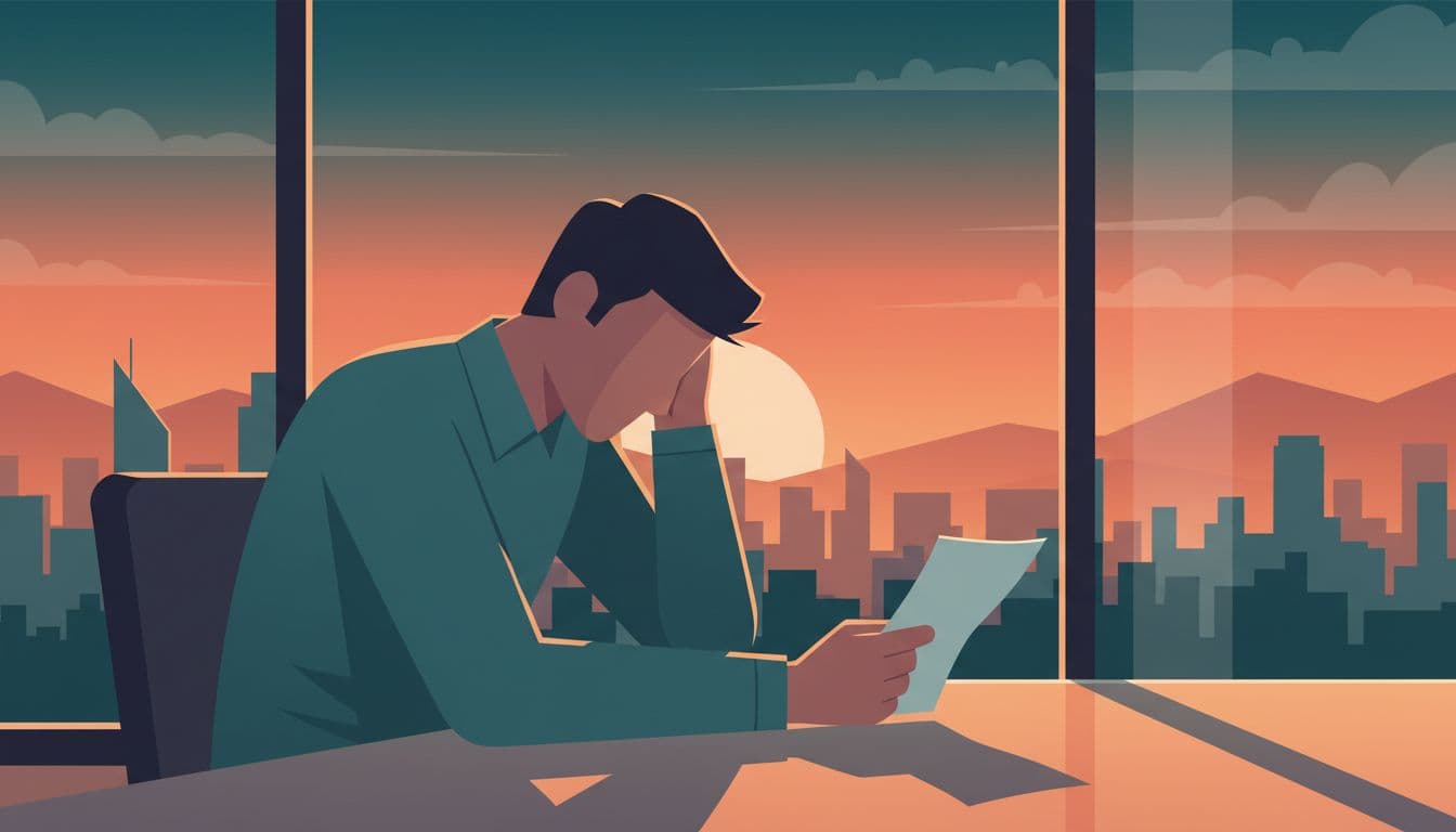 Stressed office worker hunched at desk in modern CDMX office holds layoff paper loosely, skyline through window.