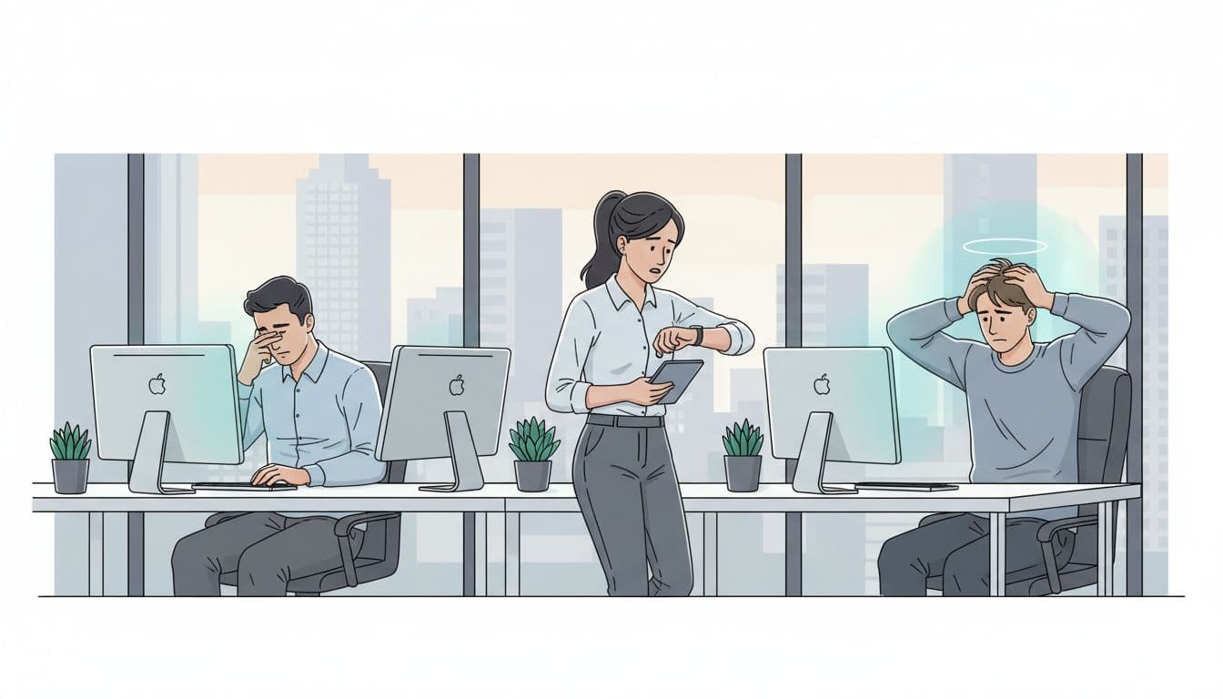 Tres trabajadores en una oficina moderna de Ciudad de México muestran estrés por sobrecarga digital: uno frota los ojos frente a la PC, otro mira el reloj ansioso y la tercera con manos en la cabeza.