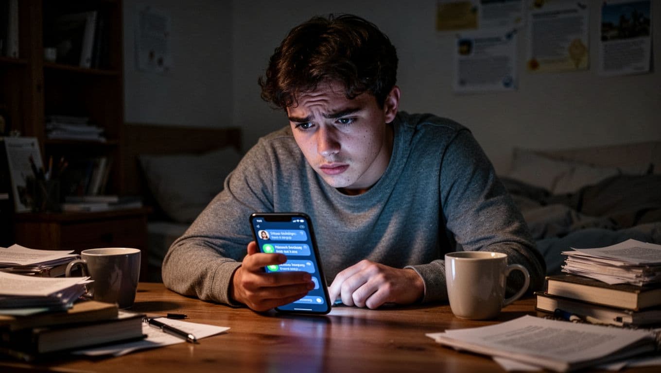 A stressed young adult sits at a cluttered desk late at night, eyes tired from the glow of a phone screen overflowing with notifications, highlighting sleep disruption from overuse.