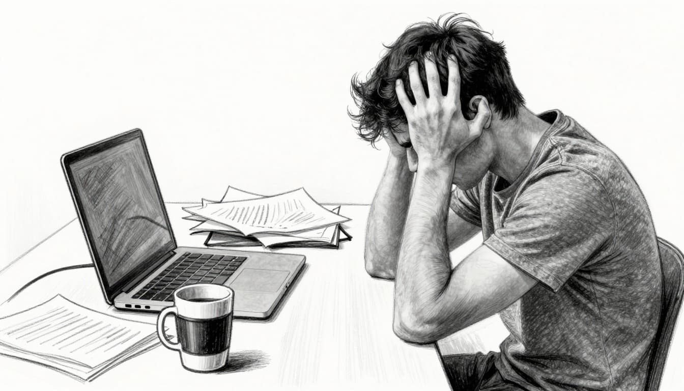 Hand-drawn graphite sketch of a stressed young professional with head in hands at a cluttered workspace featuring coffee mug, laptop, and scattered papers, capturing exhaustion from work stress in side view.