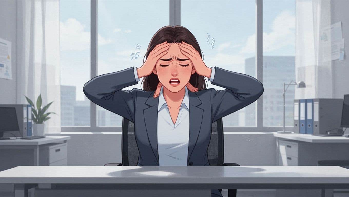 Modern illustration in cool blues and soft grays showing a young professional woman at an office desk with tense shoulders, hand rubbing neck, hand on forehead expressing headache, tired eyes, and shallow breathing.