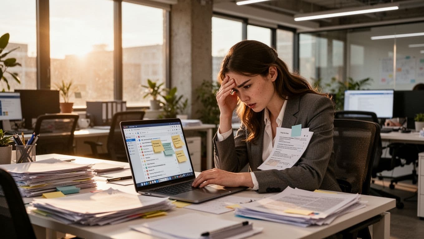 A young professional woman hunches tensely over her laptop at a cluttered desk in a modern open office, rubbing her forehead amid an overflowing inbox, with afternoon sunlight filtering through windows.