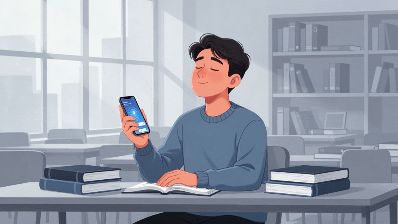 A single student in a study room holds a smartphone loosely while taking a mindful pause, with relaxed posture, deep breathing, and books nearby. Modern illustration in soft blues and grays.