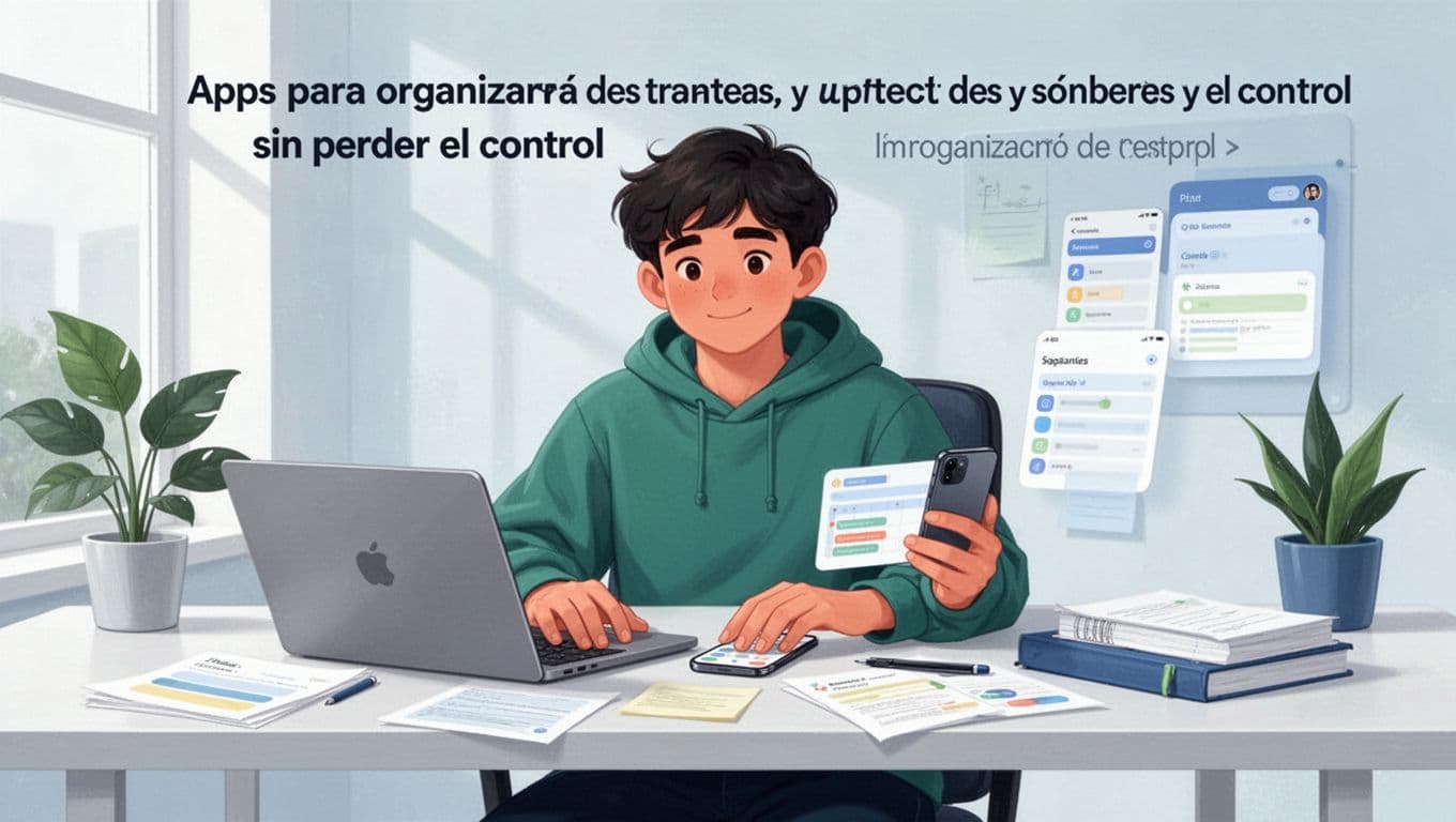 A young student seated at a modern desk with laptop and phone, organizing notes and tasks in apps. Minimalist illustration with clean shapes, soft blue and green tones, centered composition, soft natural lighting.