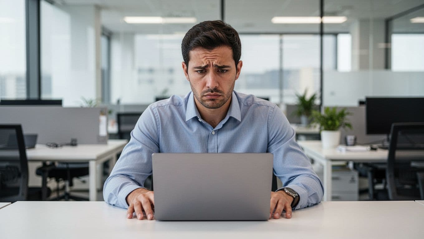 An office worker displays subtle signs of anxiety with a mildly fatigued and worried expression, seated at a desk with an open laptop in a modern, clean corporate environment.