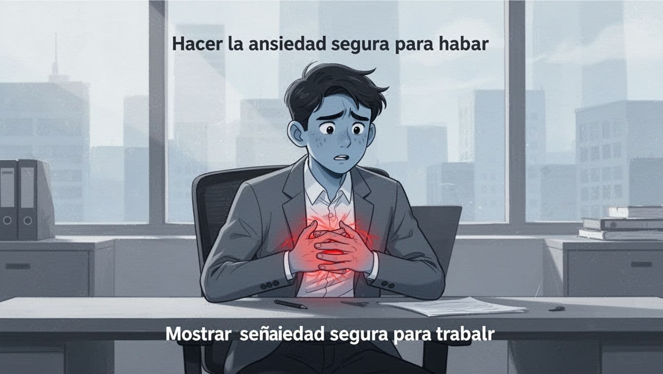 Illustration of a young professional at a desk in an office, chest tight with anxiety before a meeting, subtle tension in posture, modern style with clean shapes and cool blues grays.
