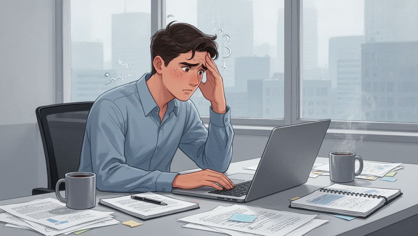 Illustration of a young professional at a modern office desk showing subtle anxiety through tense shoulders, hand near forehead, and furrowed brow while staring at a laptop amid a cluttered workspace.