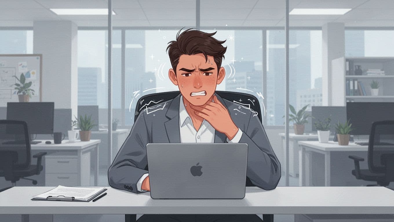 Young professional at a modern office desk showing subtle stress indicators like tense shoulders, clenched jaw, neck rubbing, and tight posture, focused on laptop screen. Clean illustration in cool blues, grays, and muted warms with soft lighting.
