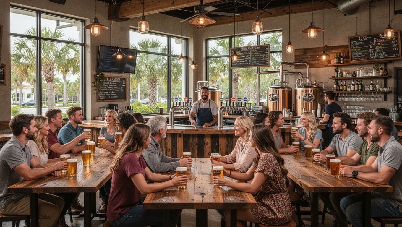 Animated taproom in a craft brewery in a sunny Florida town, featuring communal tables with chatting people, a wooden bar with beer taps and one bartender, warm lighting, and large windows showing palm trees outside.