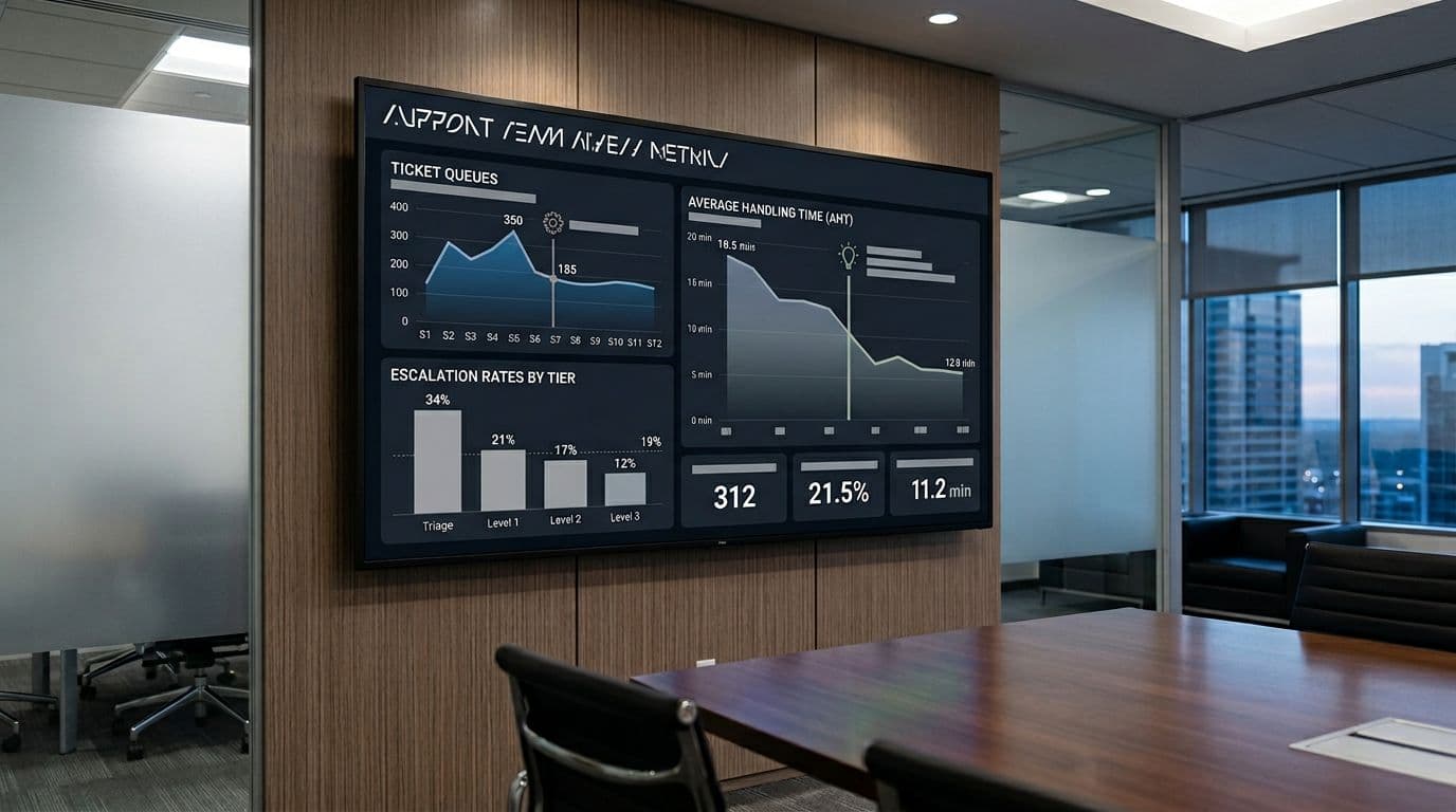 A clean, realistic dashboard on a large screen in an executive office displays simple stress metrics for a support team, including ticket queues, escalation rates, and decreasing handling times with interventions.