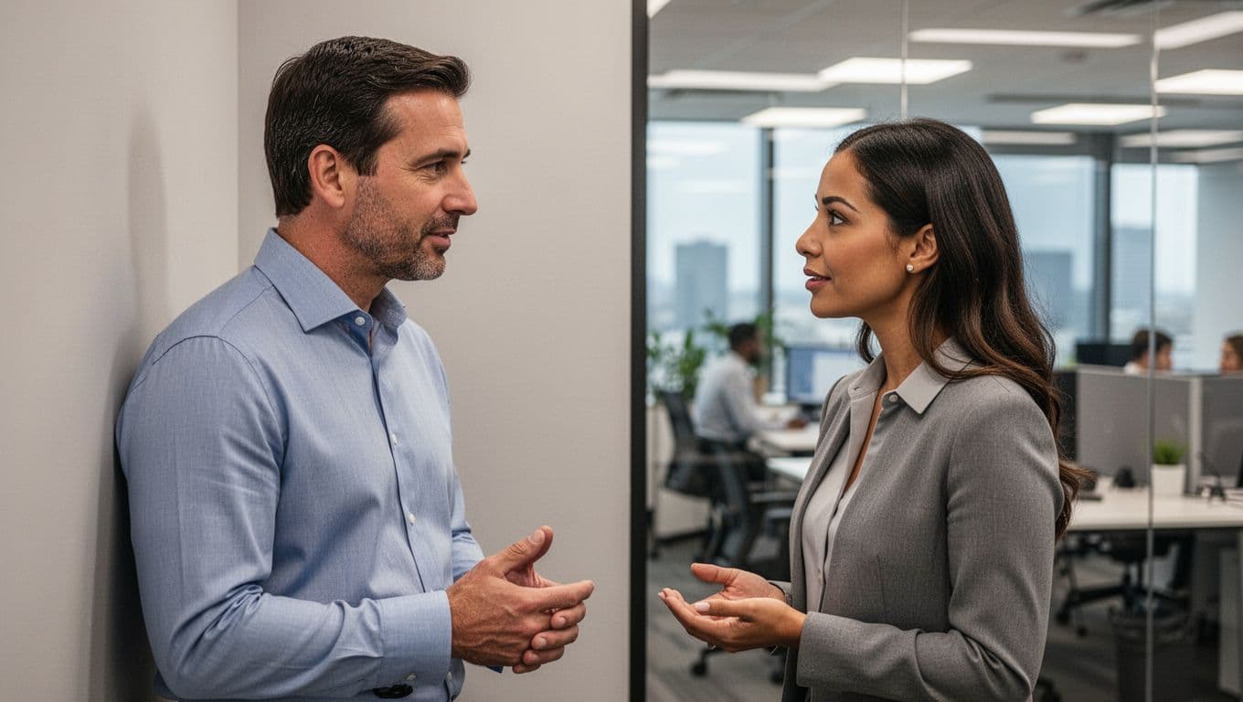 A male manager listens attentively with an empathetic expression to a female employee during a confidential one-on-one conversation in the corner of an open office, under soft lighting in a realistic photographic style.